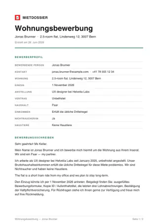 Vorschau einer Schweizer Wohnungsbewerbung – Bewerberprofil und Bewerbungsschreiben