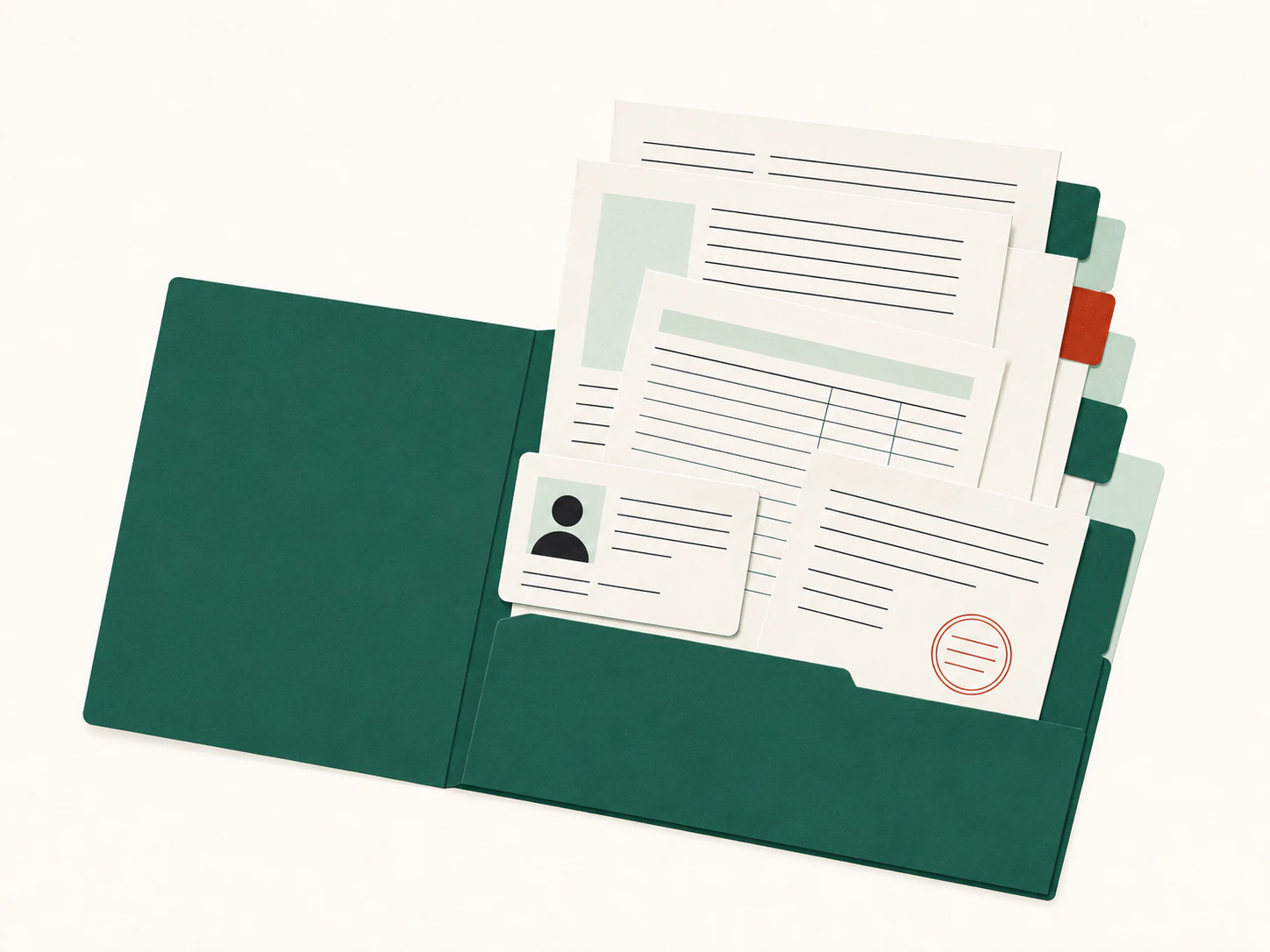 Complete Swiss rental dossier folder, documents fanned out, tabs marking required items