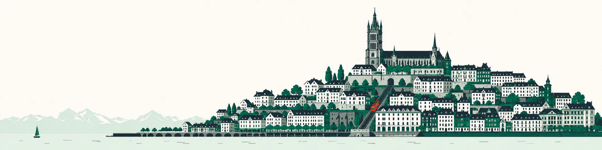 Lausanne cathedral above steep streets, the lake below