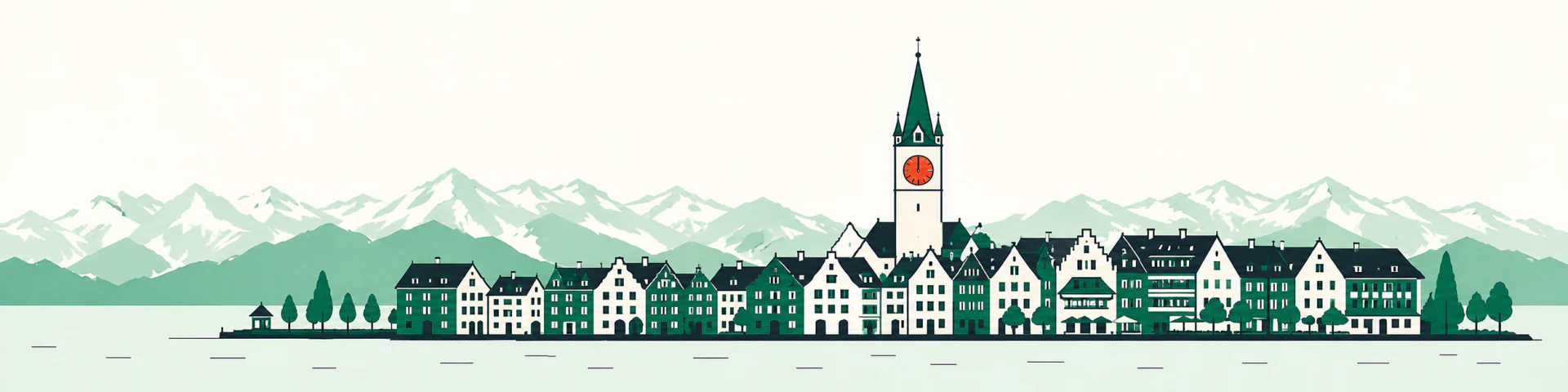 Zug old-town waterfront with the Alps across the lake