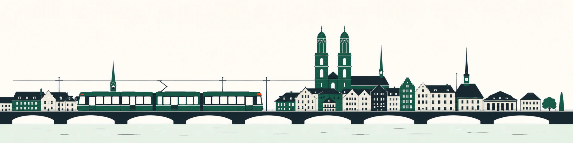 Tram crossing the Limmat with the old town behind